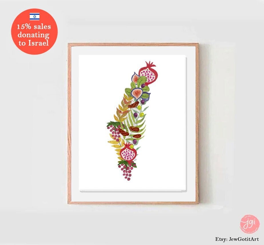 7 Species Israel Wall Art State of Israel Shape Poster Print Jewish Israel art Jewish gift Hand drawn art fruit shirt Israel poster, prints