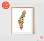 7 Species Israel Wall Art State of Israel Shape Poster Print Jewish Israel art Jewish gift Hand drawn art fruit shirt Israel poster, prints