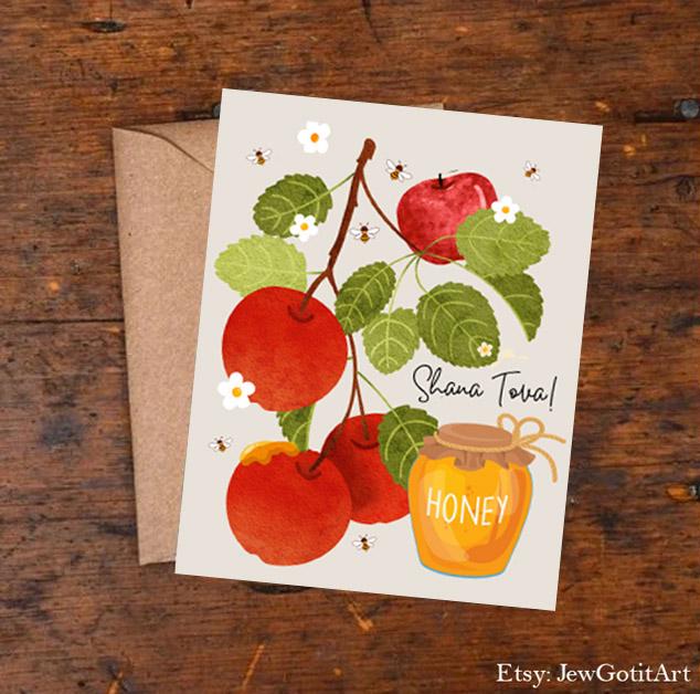 Shana Tova Greeting Cards Rosh Hashanah Apple Honey Art Israeli Artist Am Yisrael Chai Rosh Hashana Apple Art Jewish New Year gift Gifts