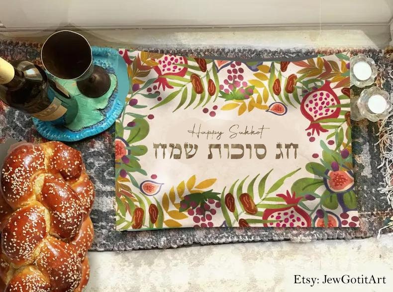 Personalized Sukkot Challah Cover Shabbat Shalom 7 Species Israel Table Runner Jewish Feast Tabernacle Customized Table Decor Jewish gifts