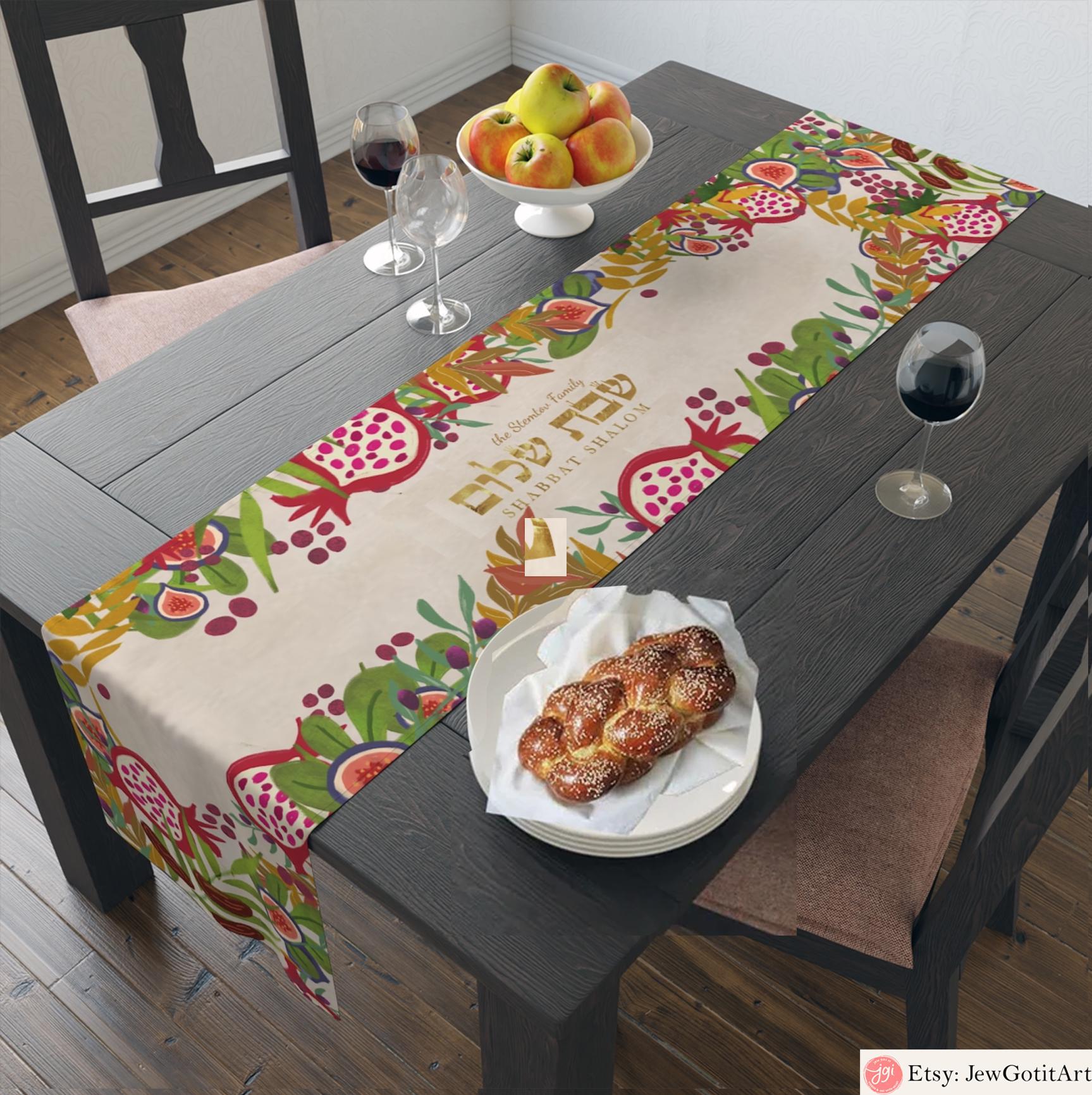 Personalized Shabbat Table Runner Challah Cover Shabbat Shalom 7 Species Israel Jewish Art Israel Gift Customized Table Decor Jewish gifts