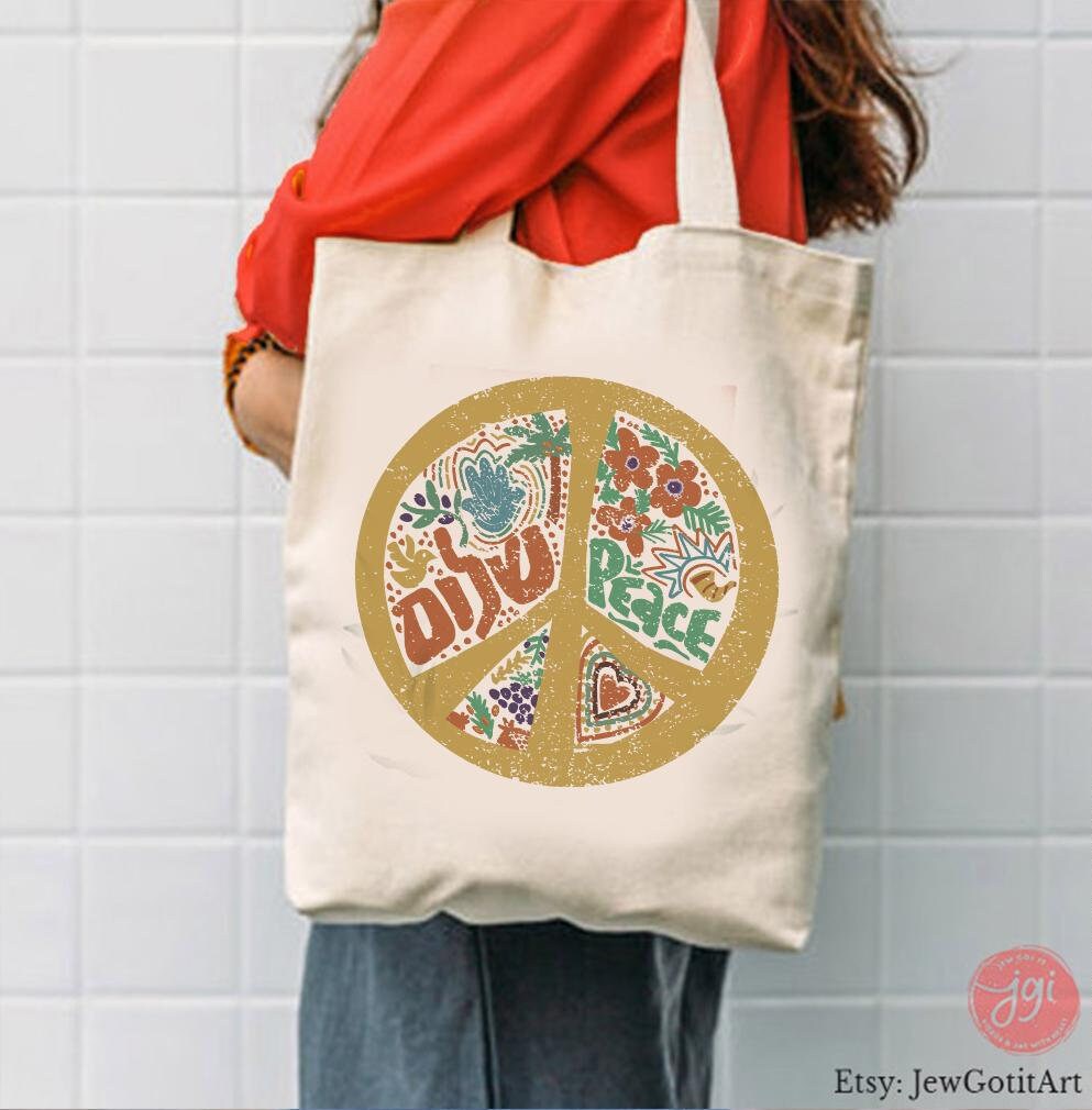 Shalom Peace Sign Tote bag Canvas Mug 11oz 15oz jewish art coffee Ceramic Israel jewish Hanukkah Gifts Israeli Artist Israel Art World Peace