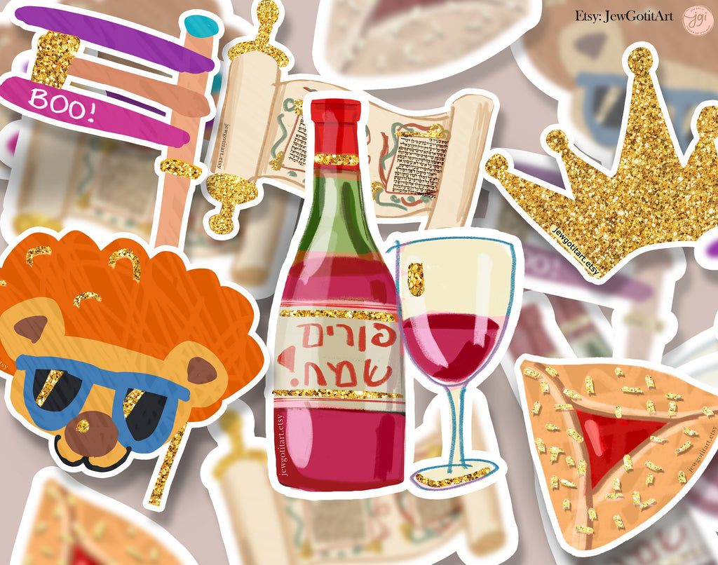 Purim Sticker Set Hamantaschen wine mask grogger crown megillah Hamantaschen jewish gift Israeli Jewish Israel Israeli Artist gifts decor