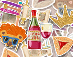 Purim Sticker Set Hamantaschen wine mask grogger crown megillah Hamantaschen jewish gift Israeli Jewish Israel Israeli Artist gifts decor