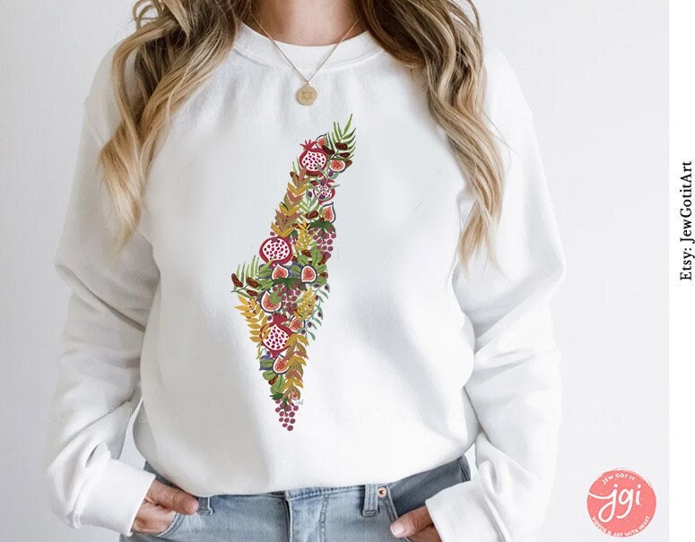 7 Fruits Israel Sweatshirt State Shape Produce Fruits 7 species fruit sweater woman jewish gift Israeli Artist Sweater Gift for her Purim