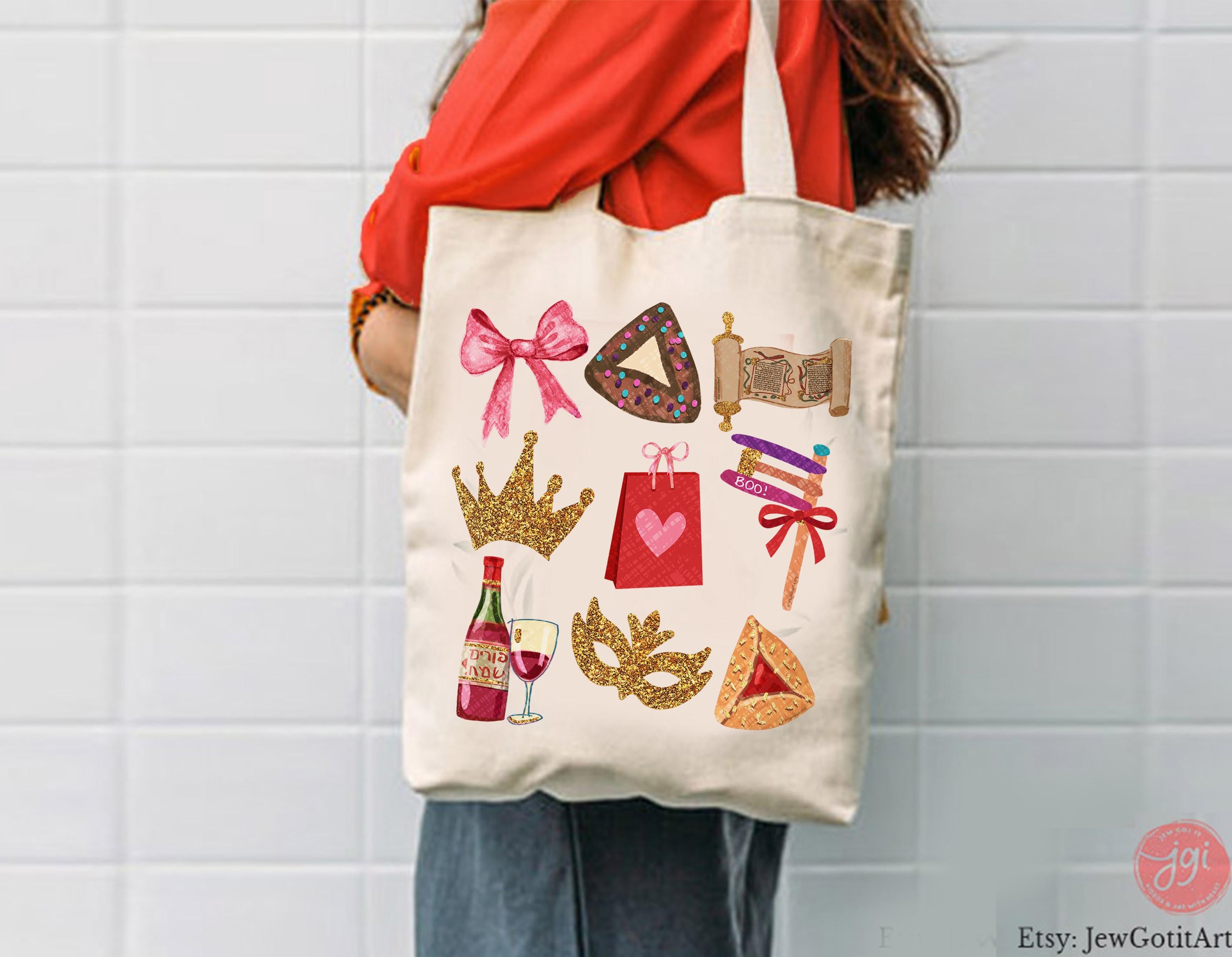 Purim Tote Bag & Mishloach Manot Mug 11oz 15oz Hamantaschen Art Jewish Gift by Israeli Artist - Ceramic Coffee Mugs Am Yisrael Chai Wine Art