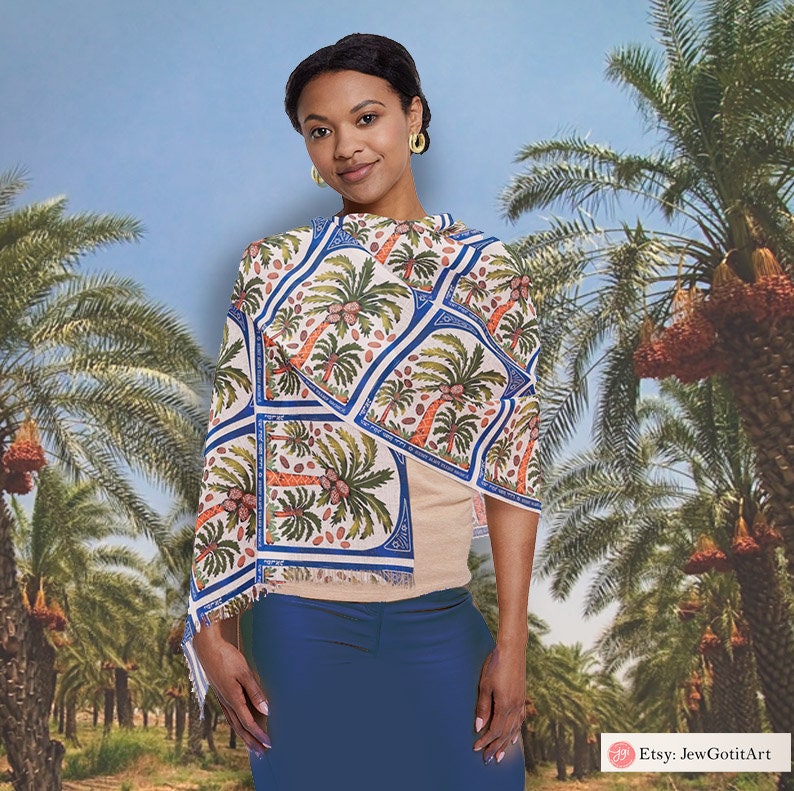 Palm Tree Dates Scarf Israeli Head Headwrap Flowers Scarves Women fabric Hair Cover Covering Jewish Israeli Artist Art Yisrael Chai Israel