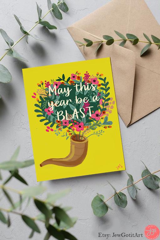 Shana Tova Shofar Rosh Hashanah, Graphic Card  | hand drawn art, Funny, Colorful, Jewish New Year Holiday Greeting Cards, gift rosh hashana