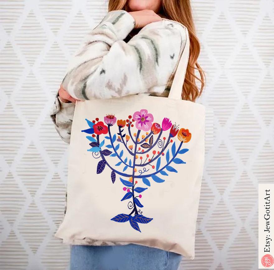 Menorah Hanukkah Tote Bag Floral Jewish Art Israeli Artist Am Yisrael Chai Gift Flowers Art Jewish gift Israeli Artist Jewish Holiday Gifts