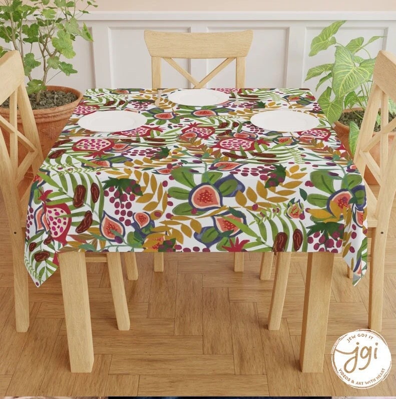 Figs Tablecloth Indoor Outdoor Cotton 7 Fruits Israel Israeli Artist Home Decor Shabbat Fruit art Hanukkah Gifts Pomegranate tablecloths