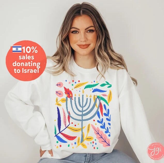 Hanukkah Flower Menorah Sweatshirt Holiday Sweatshirt Stand with Israel Hanukkah hanukkah gifts Jewish gift Israel art woman gift idea