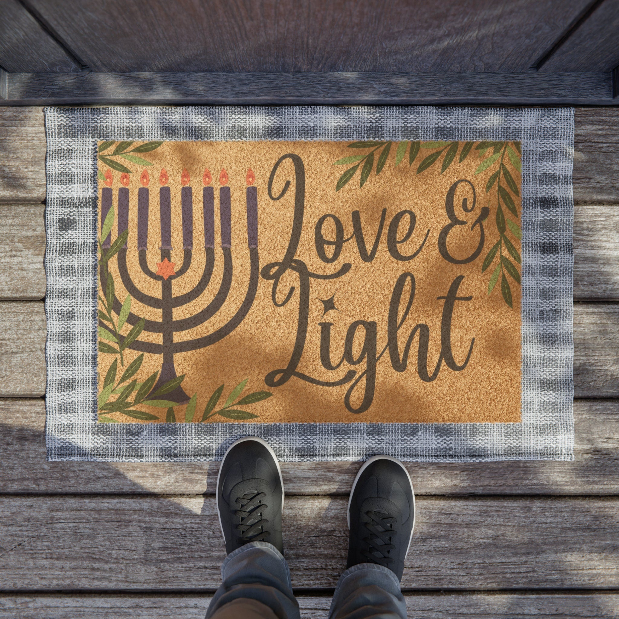 Hanukkah Doormat Love & Light, outdoor doormat, chanukah, hanukah, jewish gift, Israel art, Hanukkah gift, home decor doormat decor, menorah