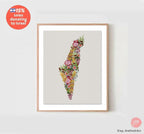 7 Species Israel Wall Art | State of Israel Shape Poster Print | Jewish Art Gift | Hand Drawn Fruit Design Israel Flag  Am Yisrael Chai