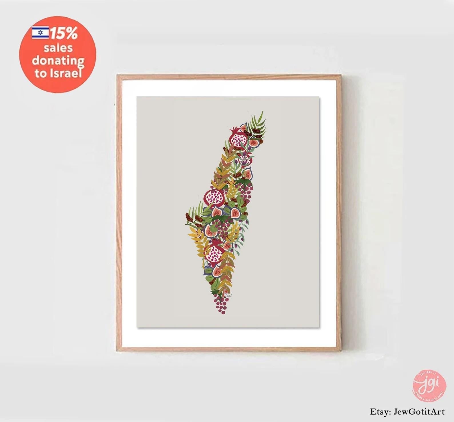 7 Species Israel Wall Art | State of Israel Shape Poster Print | Jewish Art Gift | Hand Drawn Fruit Design Israel Flag  Am Yisrael Chai