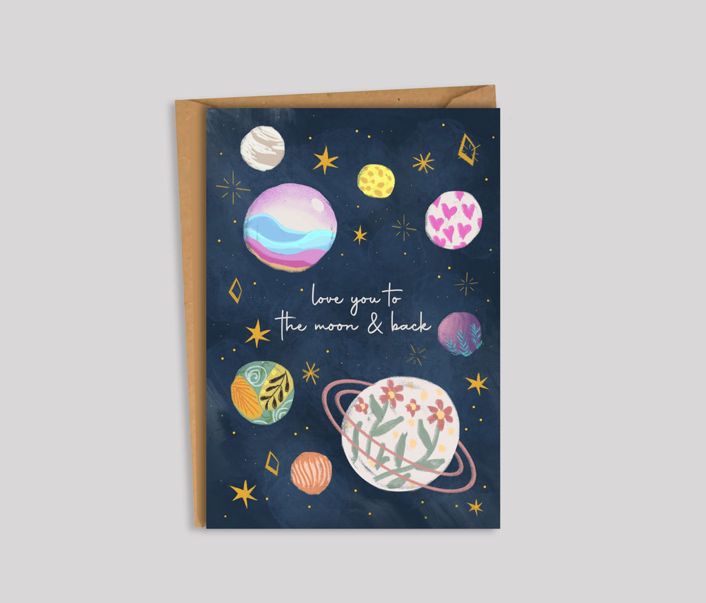 Love you to Moon and Back Greeting Card |  birthday | art, space, planets, colorful,  | Love you, Thank you Blank Card