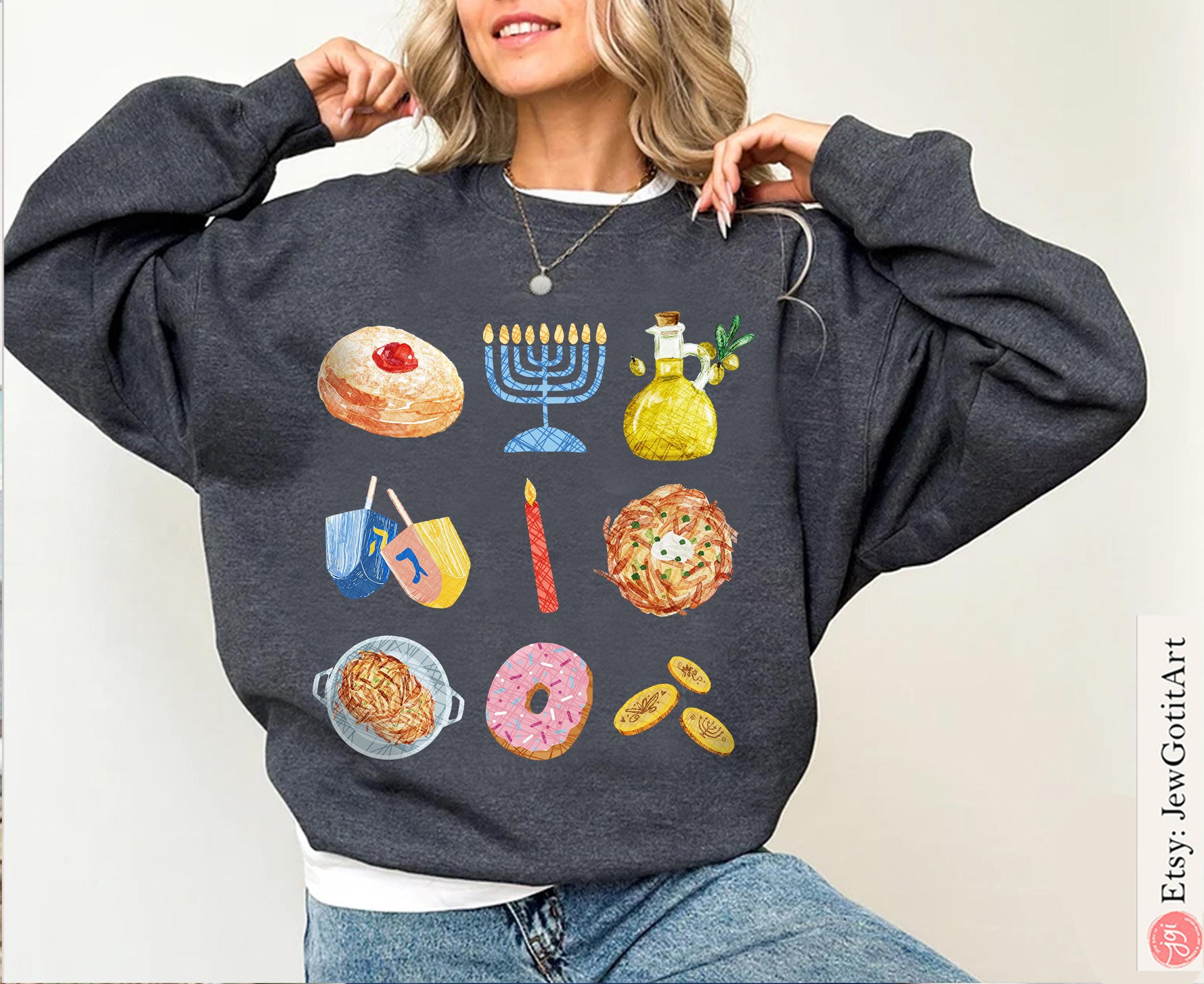 Hanukkah Sweater Latke Menorah Donut Shirt woman man shirt unisex jewish gift Israel Sweatshirt Jewish Shirt Chanukah Israeli Artist Holiday