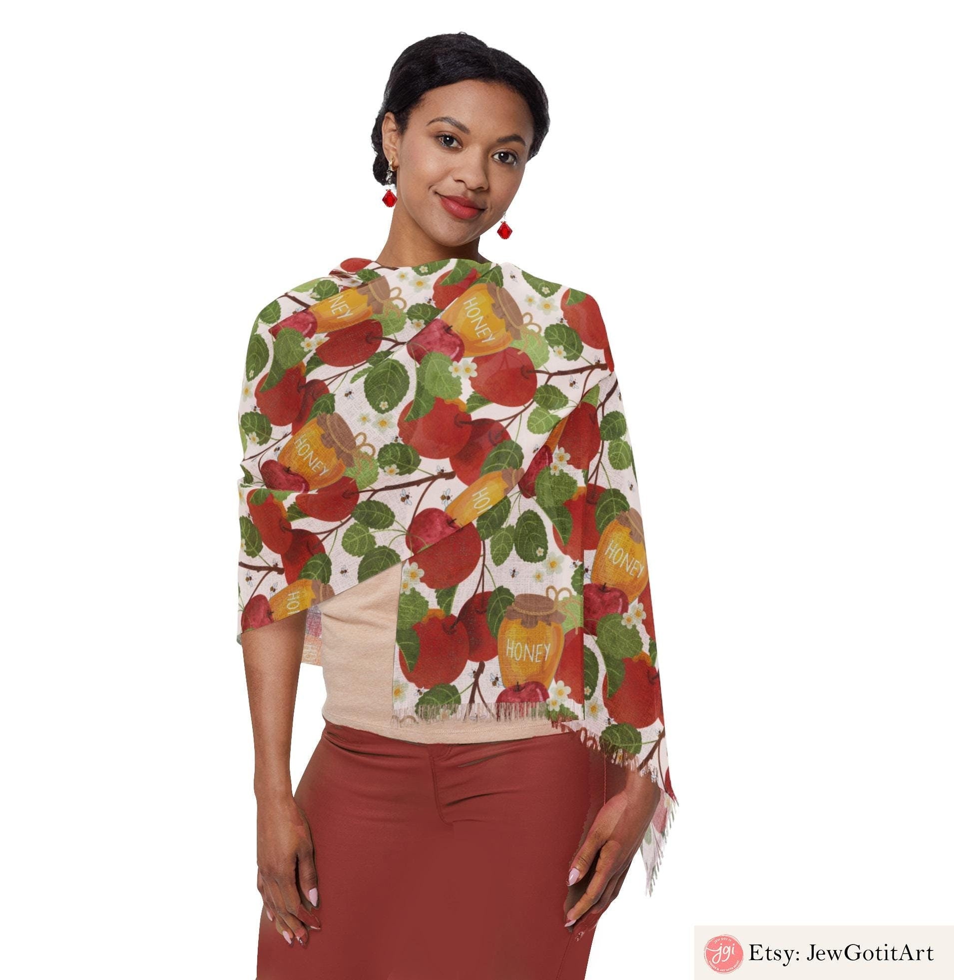 Apple & Honey Scarf Rosh Hashanah Headwrap Floral Fabric Hair Covering Jewish Women’s Accessories Israeli Artist Design Am Yisrael Chai