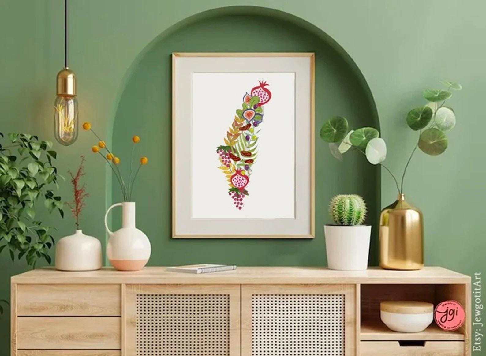 7 Species Israel Wall Art | State of Israel Shape Poster Print | Jewish Art Gift | Hand Drawn Fruit Design Israel Flag  Am Yisrael Chai