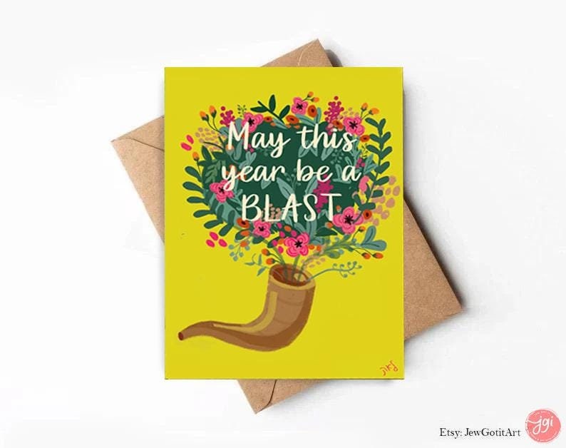 Shana Tova Shofar Rosh Hashanah, Graphic Card  | hand drawn art, Funny, Colorful, Jewish New Year Holiday Greeting Cards, gift rosh hashana