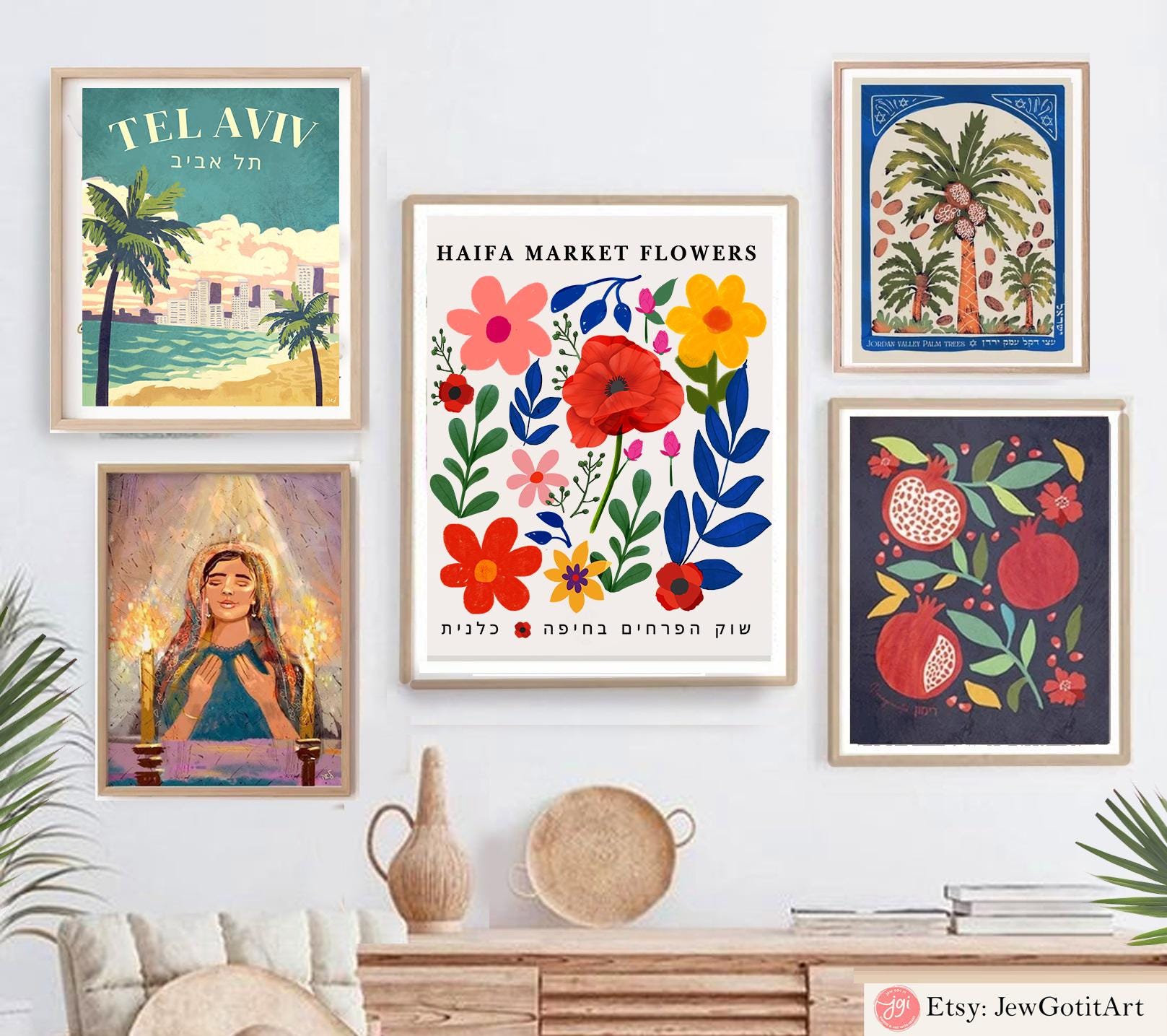 Flower Market Haifa Israel Wall Art Poster | Floral Art by Israeli Artist | Jewish Gift Kalanit Flower Red Poppy Flowers Jewish Shuk Hebrew