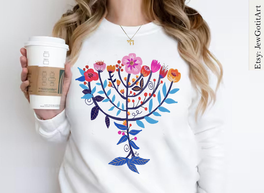 Hanukkah Menorah Sweater T-Shirt Unisex Floral Art Sweatshirt | Jewish Gift from Israeli Artist Israel Jewish Shirt Chanukah Israeli Artist
