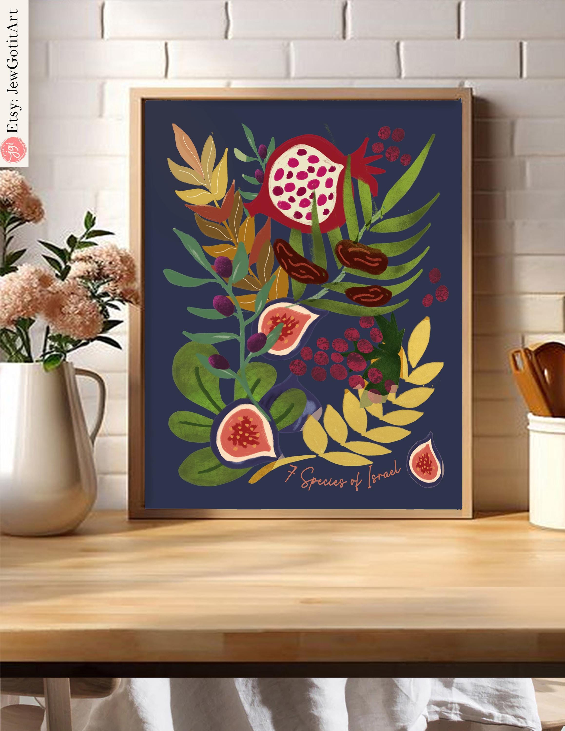 7 Species Israel Art Poster Matte Vertical Jewish Gift Israeli Artist Pomegranate Grapes Colorful Wall Decor for Rosh Hashanah Fruit Art