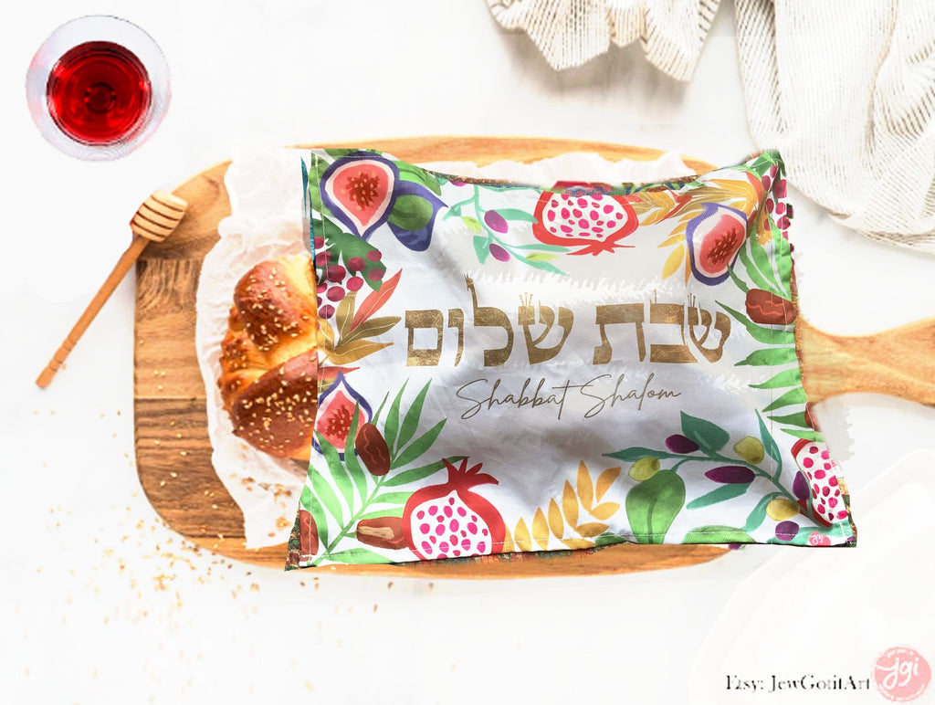 Challah Cover 7 Species of Israel Art hand drawn Jewish Holiday Art Israeli Artist Table Decor Bread covering Kiddush Shabbat Shalom Shabbos