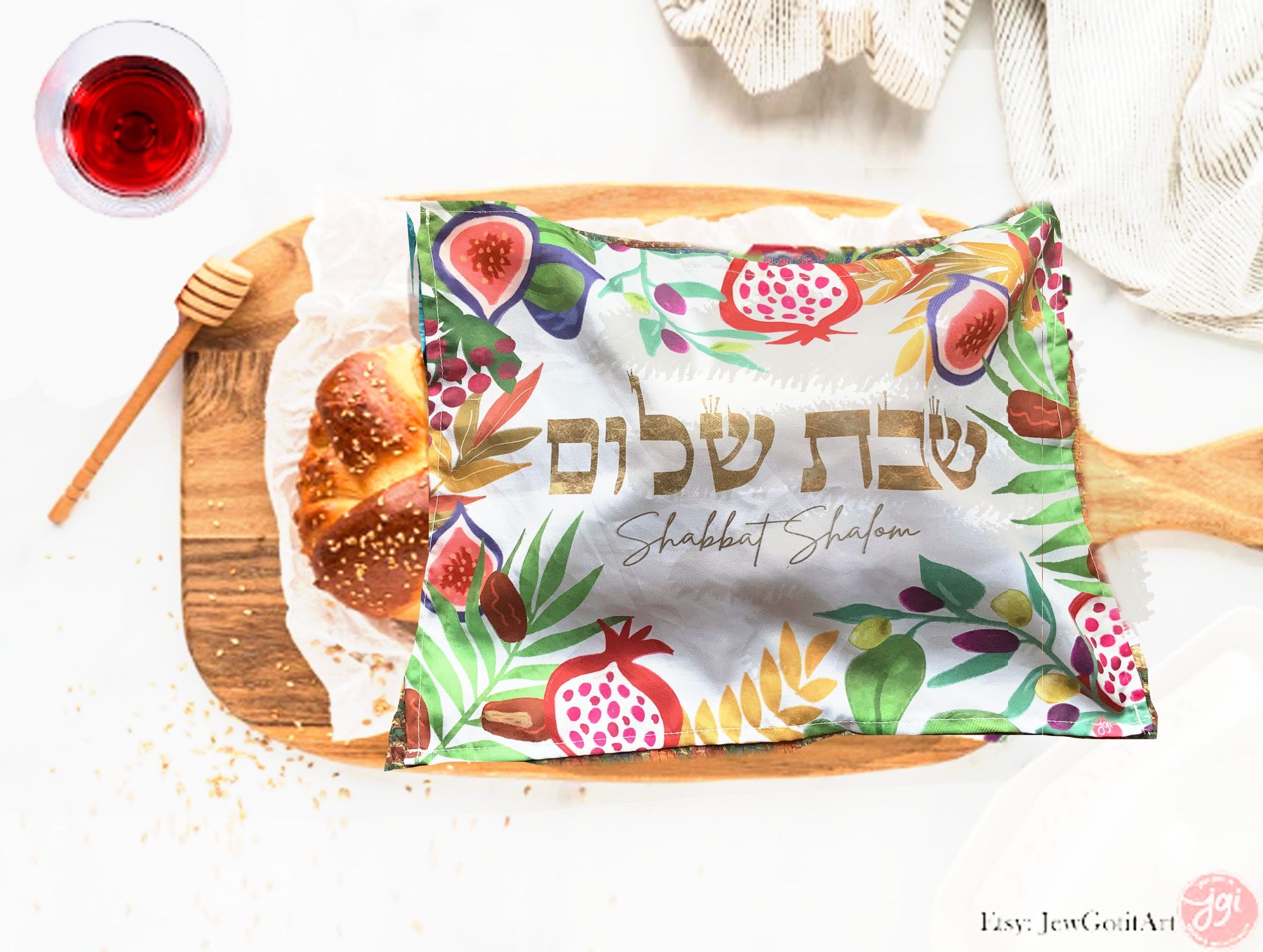 Challah Cover 7 Species of Israel Art hand drawn Jewish Holiday Art Israeli Artist Table Decor Bread covering Kiddush Shabbat Shalom Shabbos