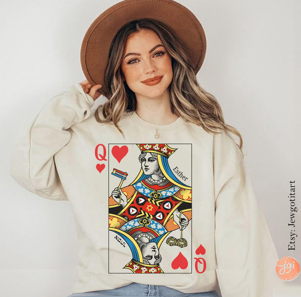 Queen Esther T-Shirt Purim Sweatshirt Unique Purim Costume by Israeli Artist Perfect Jewish Holiday Gift Am Yisrael Chai Queen Card Shirt