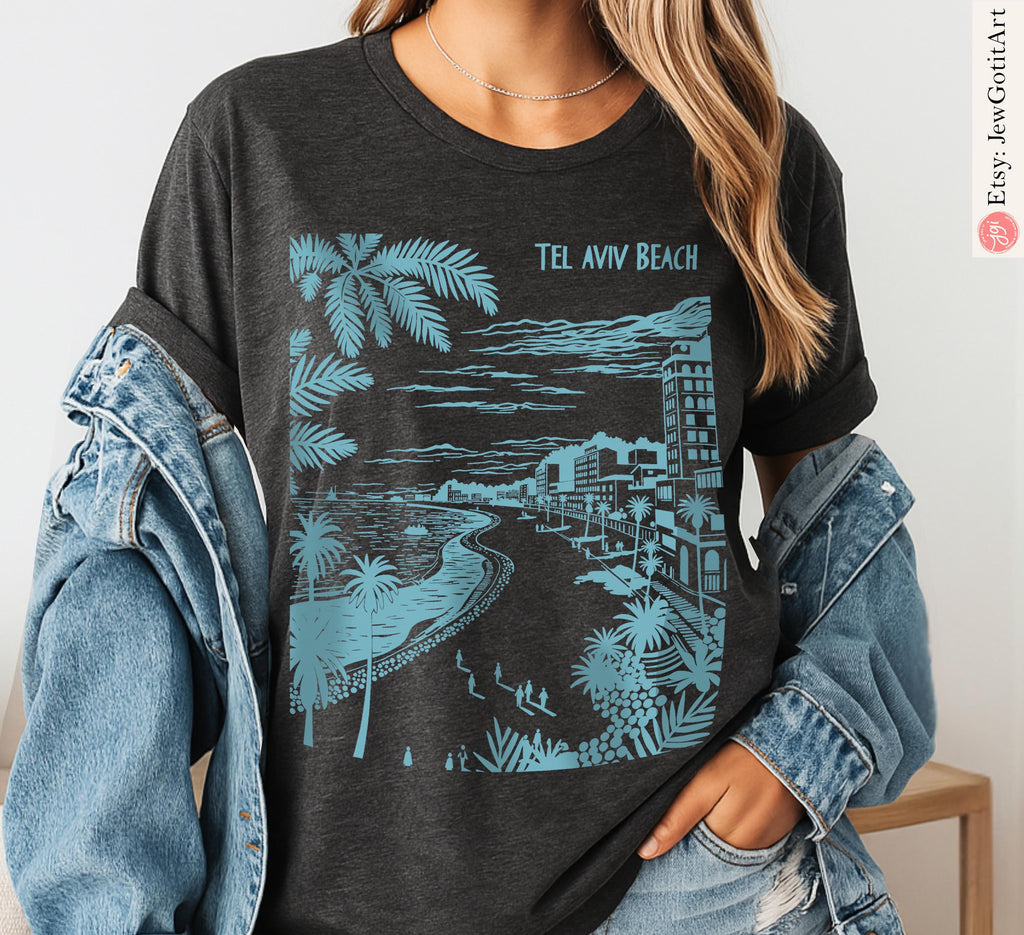 Tel Aviv Beach Shirt Israel T-Shirt Am Yisrael Chai Tee Jewish Gift Boho Hebrew Shirt Zion Tee Holy Land Palm Tree Beach Shirt Jewish Shirt
