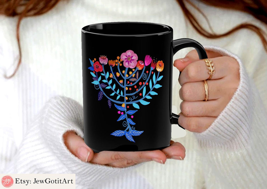 Menorah Hanukkah Tote Bag 15 oz Mug Floral Jewish Art Israeli Artist Am Yisrael Chai Gift Flowers Jewish gift Coffee Jewish Holiday Gifts
