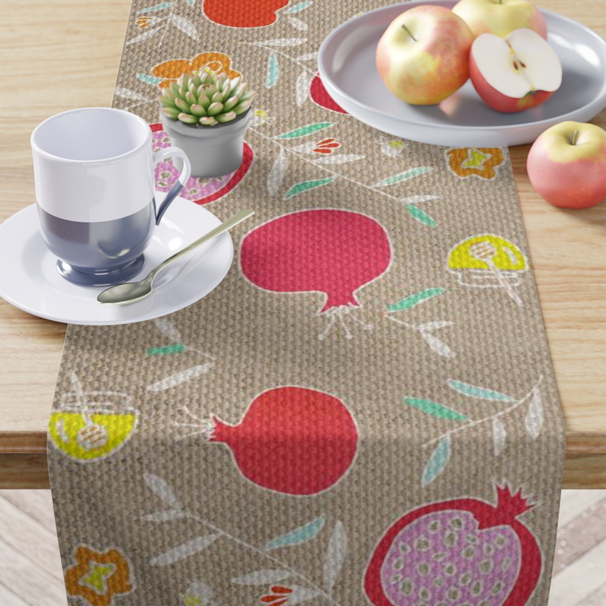 Rosh Hashanah Table Runner, Jewish gift, Jewish holiday, Israel, pomegranates, apple honey, jewish gift, jewish art, shana tova, table decor