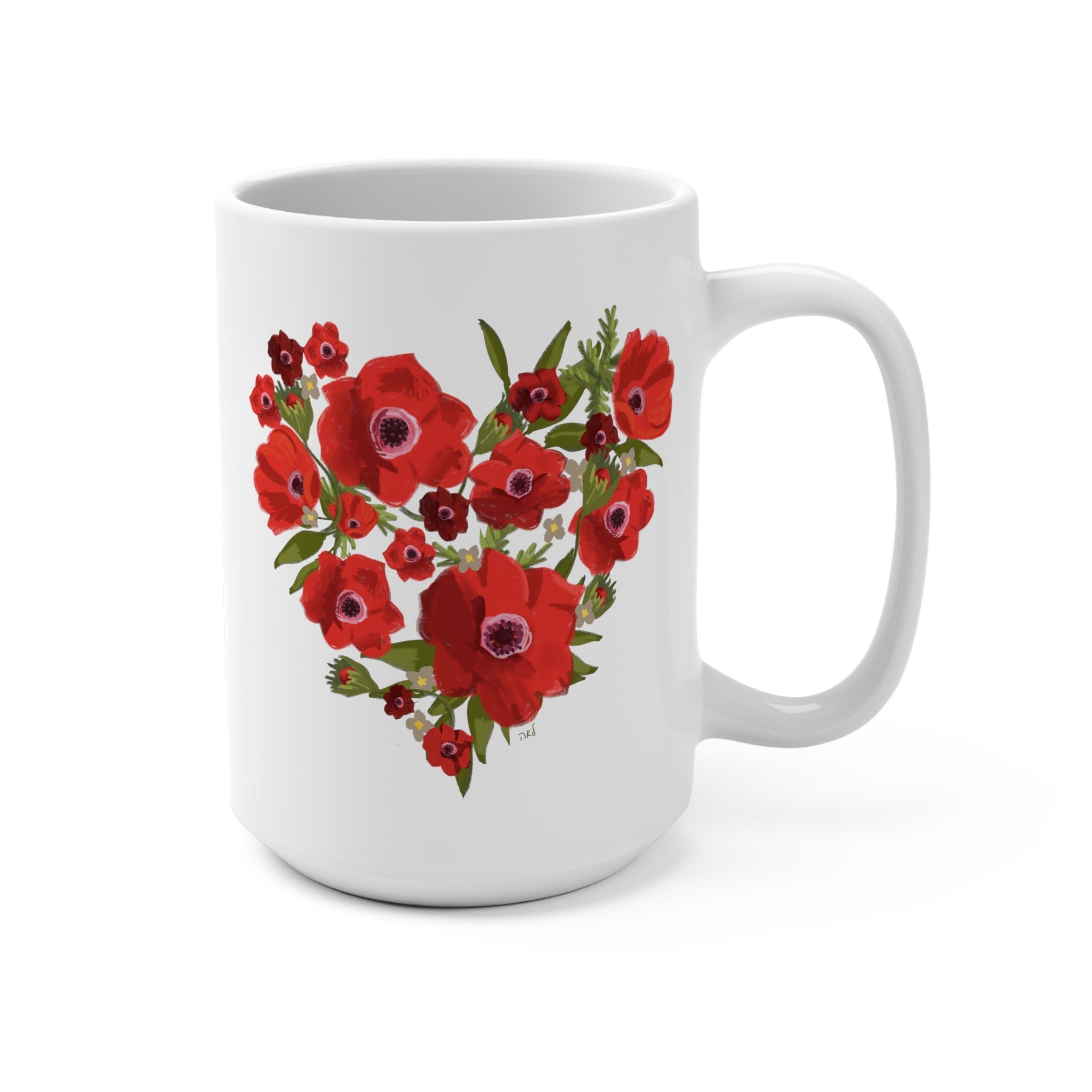 Kalanit Heart Flower of Israel Mug, Kalanit tea cup coffee Ceramic Mug 11oz 15oz mug Jewish gift israeli Artist Red flowers Israeli Artist