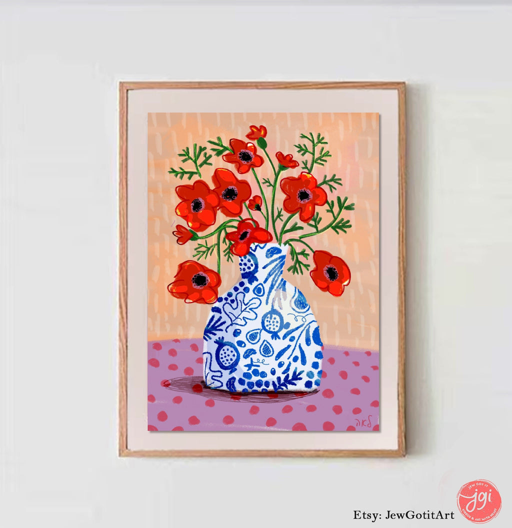 Kalanit Flower Art Print Hand Drawn Israeli Wildflower Wall Decor Jewish Home Gift Poster Am Yisrael Chai Israeli Artist Illustration