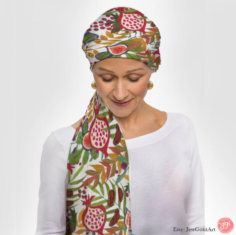 7 Species Israel Scarf Head Headwrap Light Scarf Women fabric Hair Cover Covering Jewish Israeli Artist Fruits Art Am Yisrael Chai Passover
