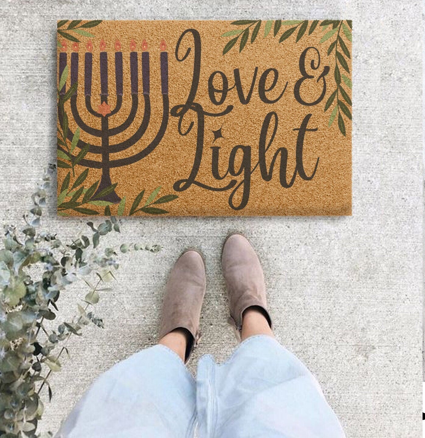Hanukkah Doormat Love & Light, outdoor doormat, chanukah, hanukah, jewish gift, Israel art, Hanukkah gift, home decor doormat decor, menorah