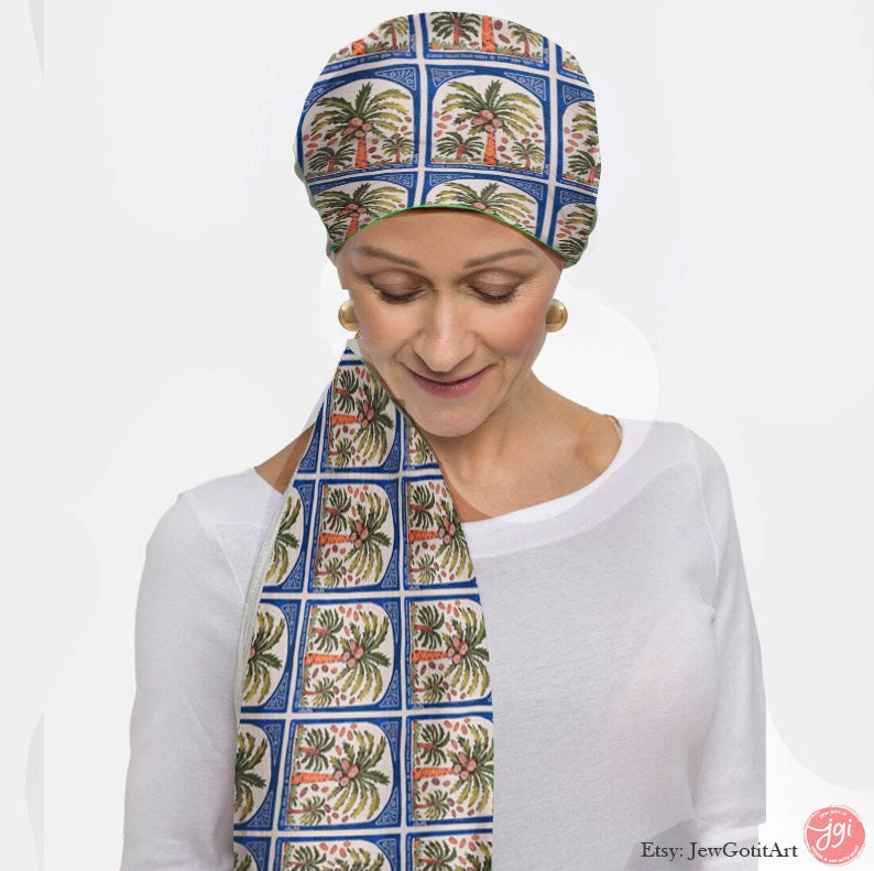 Palm Tree Dates Scarf Israeli Head Headwrap Flowers Scarves Women fabric Hair Cover Covering Jewish Israeli Artist Art Yisrael Chai Israel