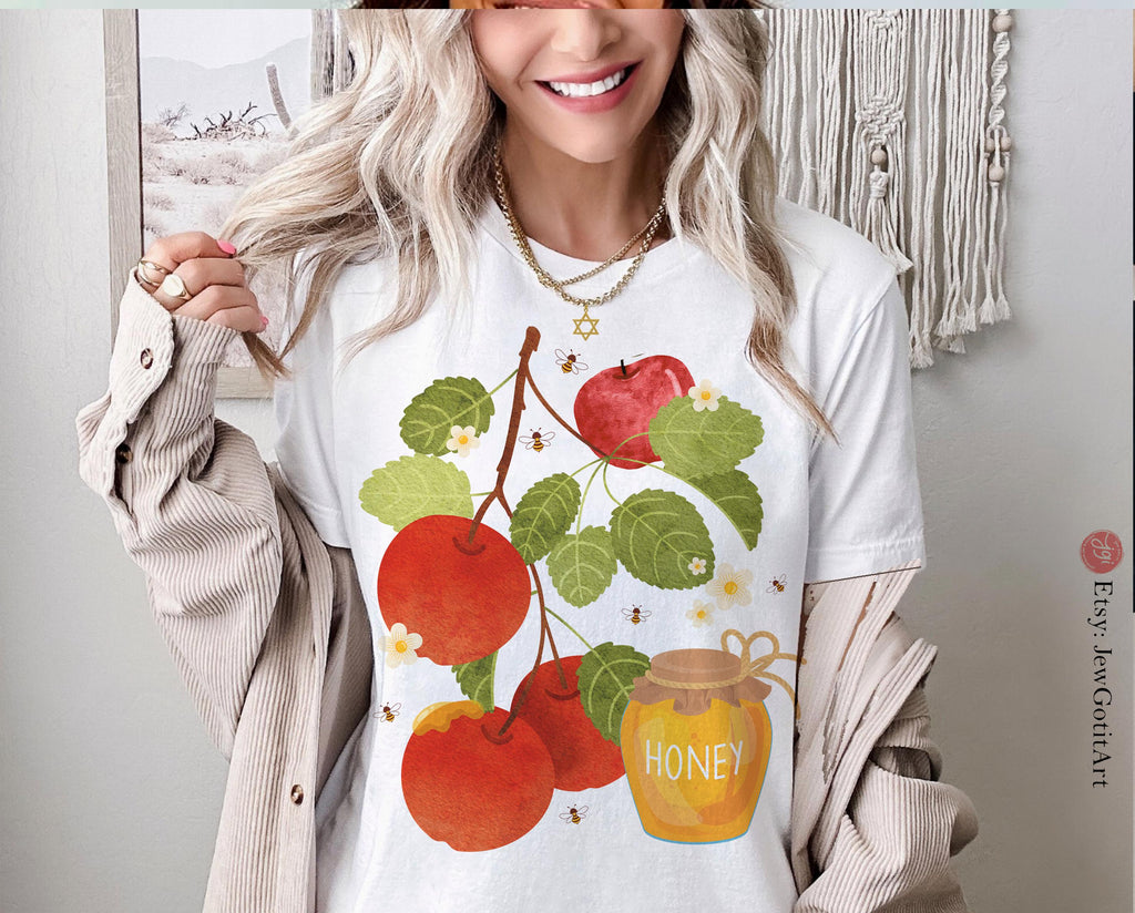 Rosh Hashanah Shirt Am Yisrael Chai graphic tees tshirt Apple Honey Art jewish gift Israeli Artist Hashana Jewish Holiday Gifts Shana Tova