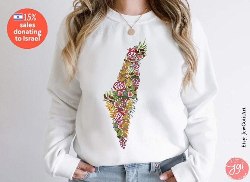 7 Fruits Israel Sweatshirt State Shape Produce Fruits 7 species fruit sweater woman jewish gift Israeli Artist Sweater Gift for her Purim