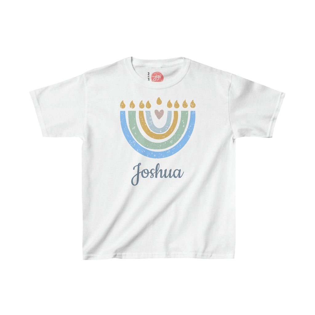 Personalized Hanukkah Shirt with Menorah, add name, custom gift, tshirt, shirt Kids Heavy Cotton Tee, hanukkah gifts, shirt designs, israel