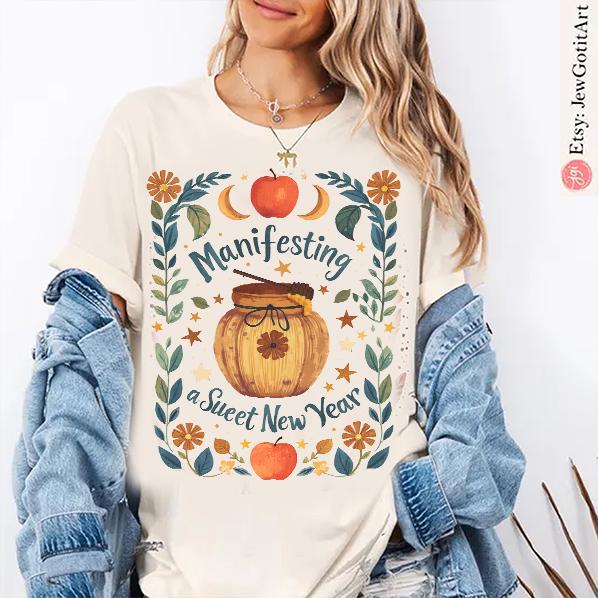 Shana Tova Shirt Rosh Hashanah Tee Jewish Pride Hebrew Israel Gift Am Yisrael Chai T-Shirt Apple Honey Sun Moon Flower Art Jewish New Year