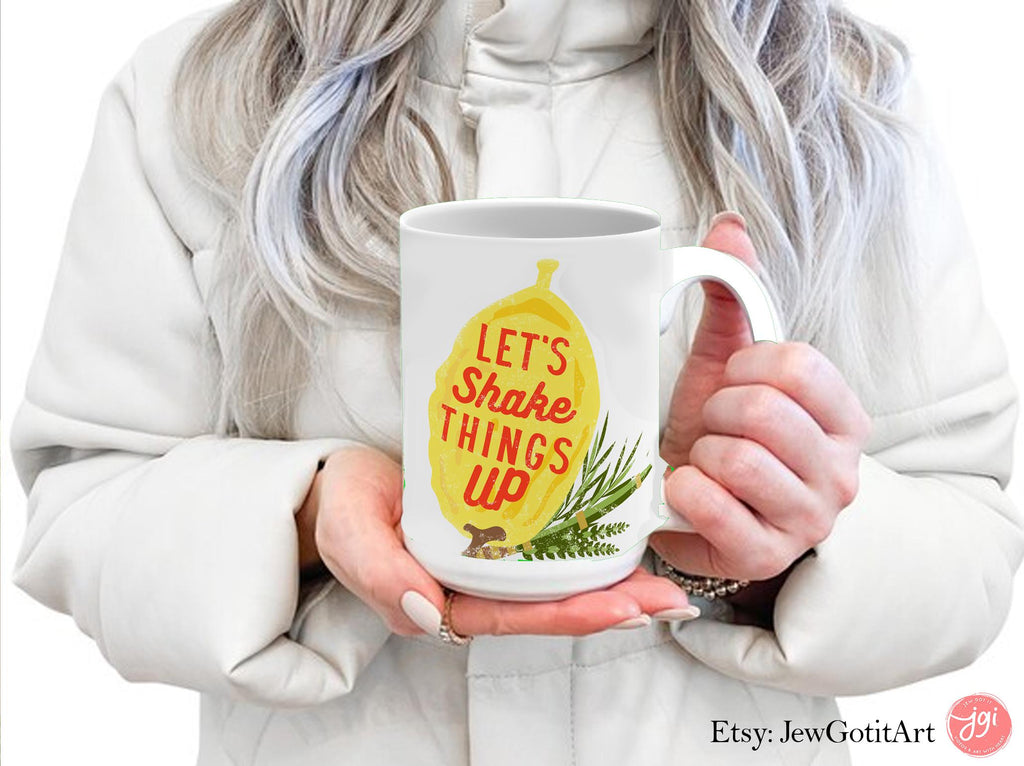 Etrog Shake Sukkot Mug 15 oz. 11 oz. Tote Bag Jewish Art jewish gift Israeli Artist Sukkah Feast Tabernacle Decoration Jewish Holiday Gifts