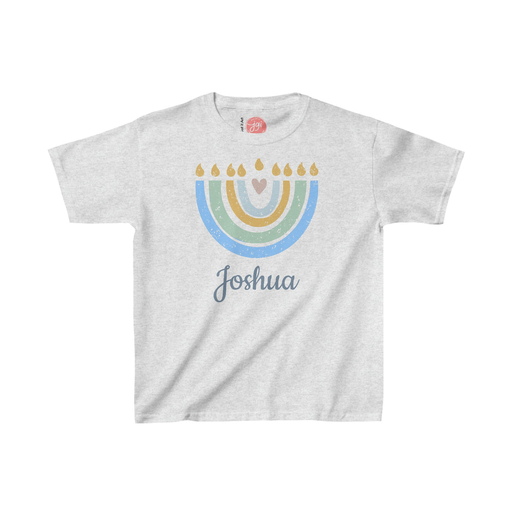 Personalized Hanukkah Shirt with Menorah, add name, custom gift, tshirt, shirt Kids Heavy Cotton Tee, hanukkah gifts, shirt designs, israel