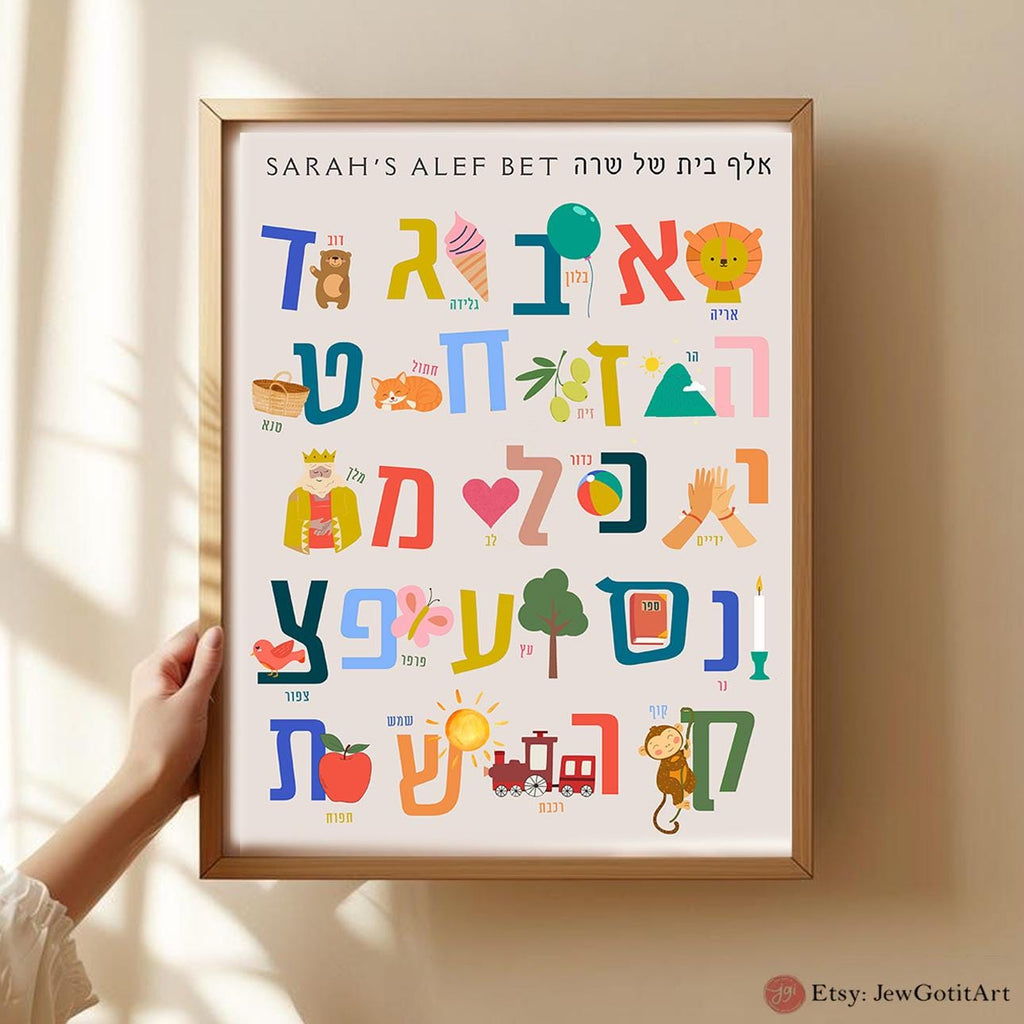 Alef Bet Hebrew Wall Art Jewish Alphabet Poster Am Yisrael Chai Print Israel Art Kids Room or School Decor Judicia Personalized Jewish Gift