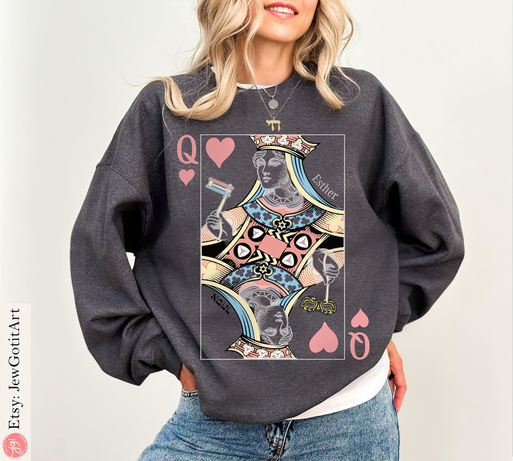 Queen Esther T-Shirt Purim Sweatshirt Unique Purim Costume by Israeli Artist Perfect Jewish Holiday Gift Am Yisrael Chai Queen Card Shirt