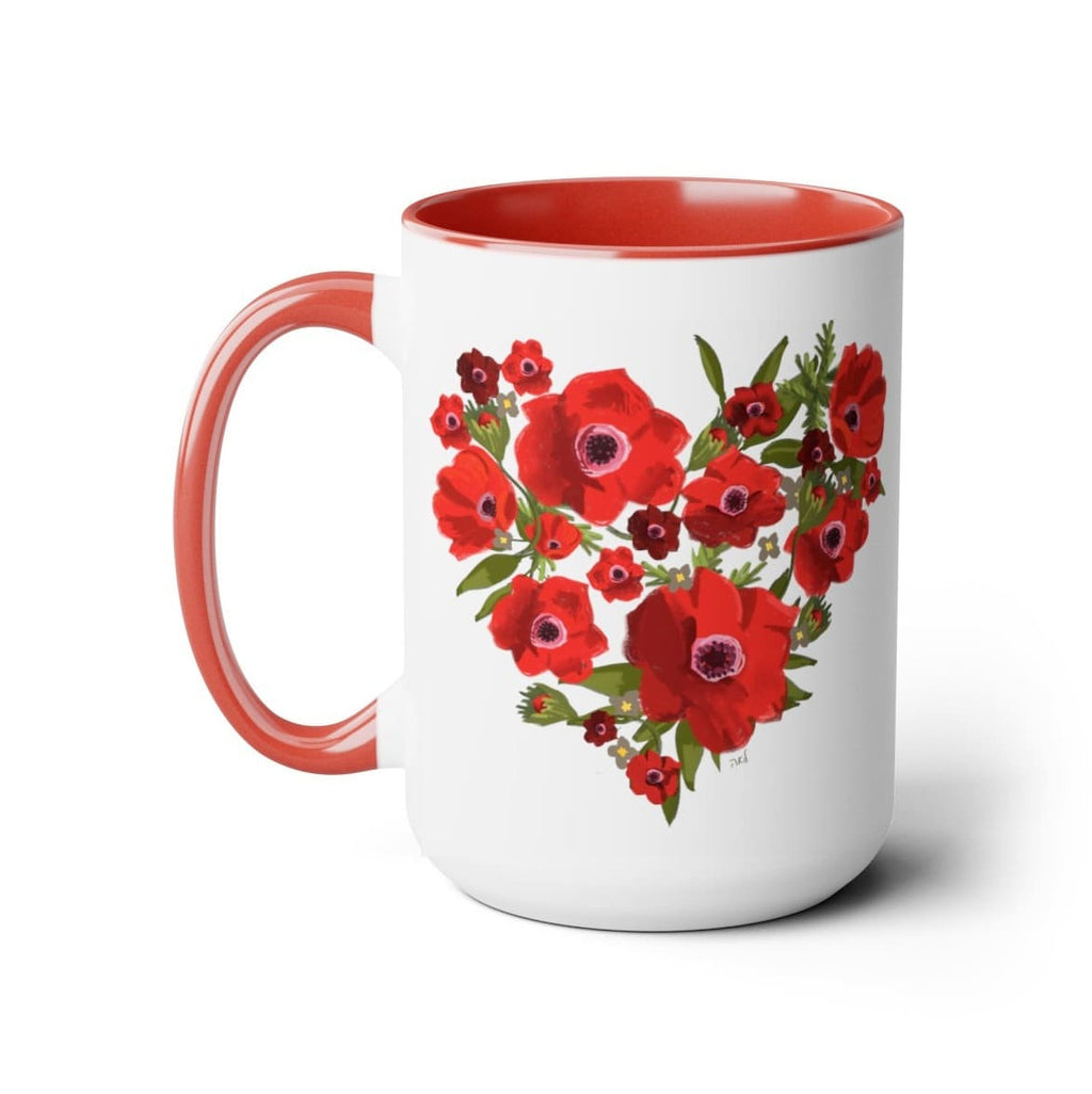 Kalanit Heart Flower of Israel Mug, Kalanit tea cup coffee Ceramic Mug 11oz 15oz mug Jewish gift israeli Artist Red flowers Israeli Artist