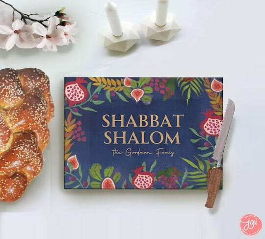 Challah Cutting Board Personalized Shabbat Shalom Glass 7 Species of Israel Hand drawn art jewish gift Israeli artist Israeli shabbos gifts
