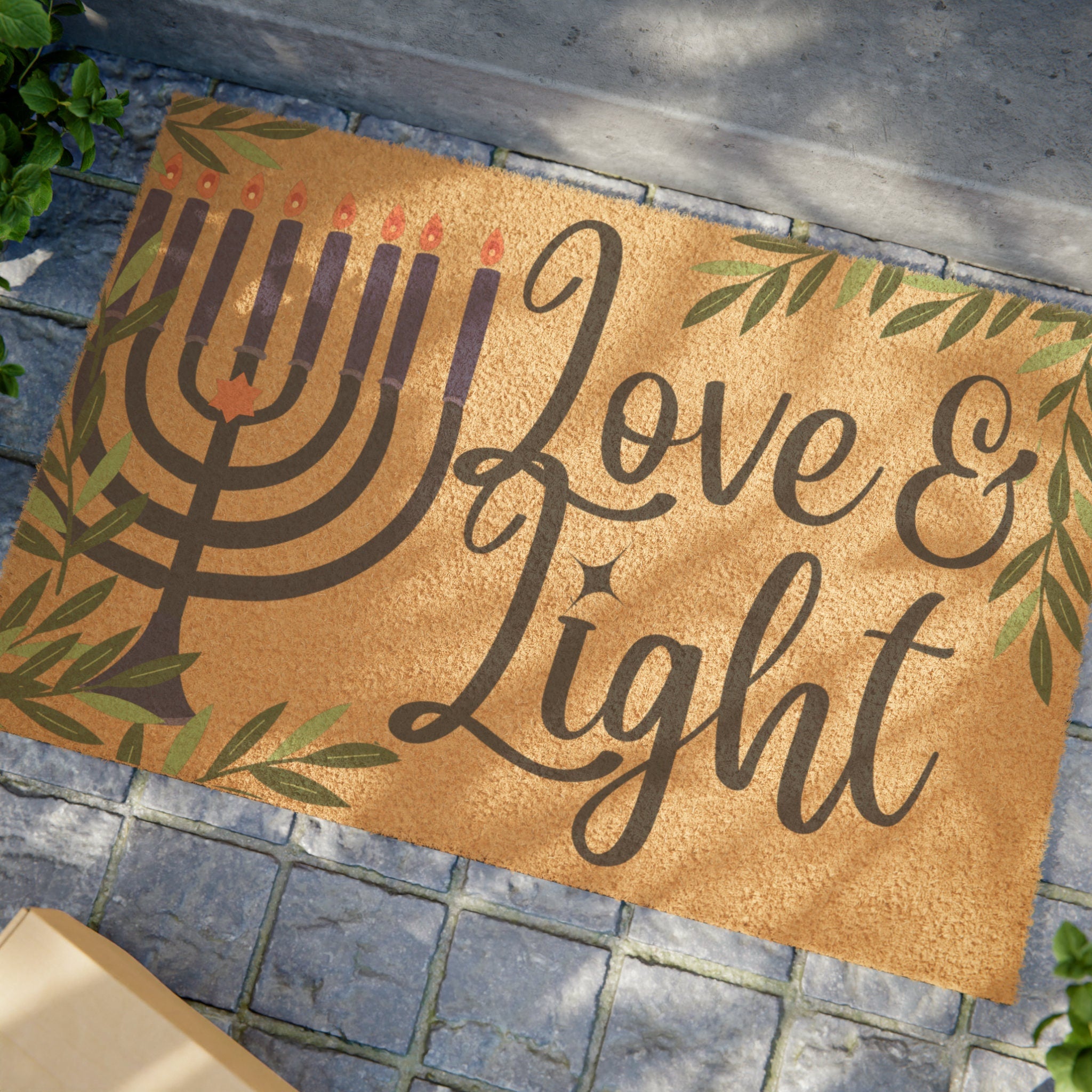 Hanukkah Doormat Love & Light, outdoor doormat, chanukah, hanukah, jewish gift, Israel art, Hanukkah gift, home decor doormat decor, menorah