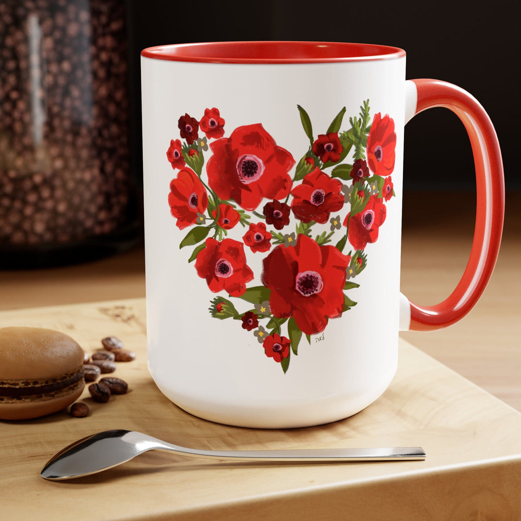 Kalanit Heart Flower of Israel Mug, Kalanit tea cup coffee Ceramic Mug 11oz 15oz mug Jewish gift israeli Artist Red flowers Israeli Artist