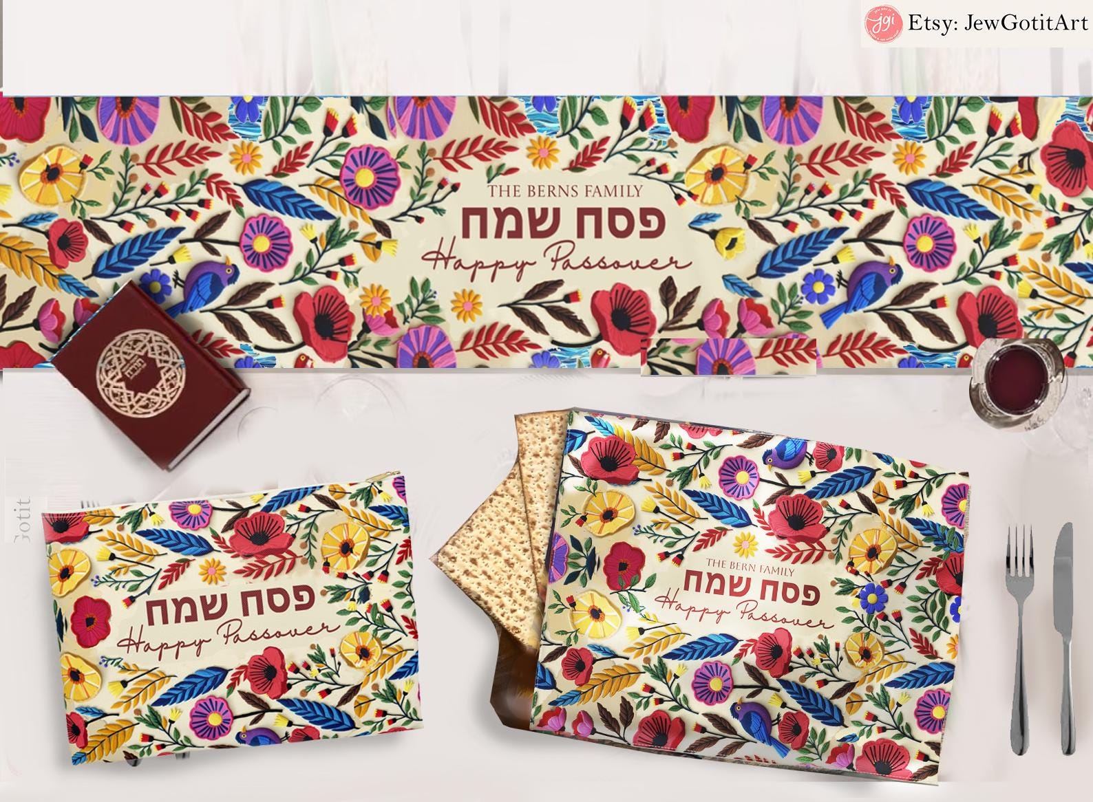 Personalized Passover Matzah Cover Set & Afikomen Set Kalanit Israel Table Runner Jewish Art Gift Customized Pesach Table Decor Seder Table